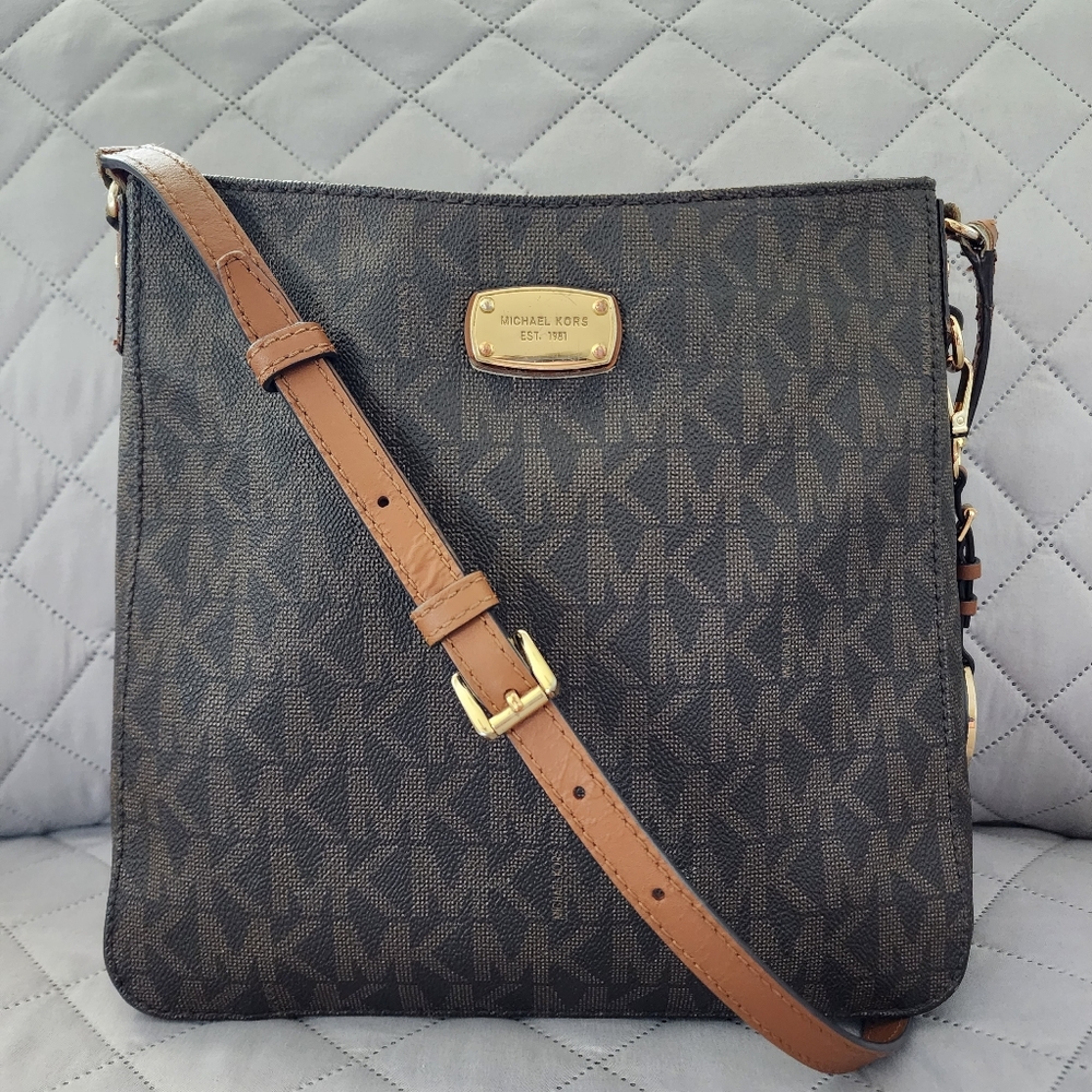 Michael Kors Jet Set Tracel Large Brown MK Logo Crossbody Bag Purse